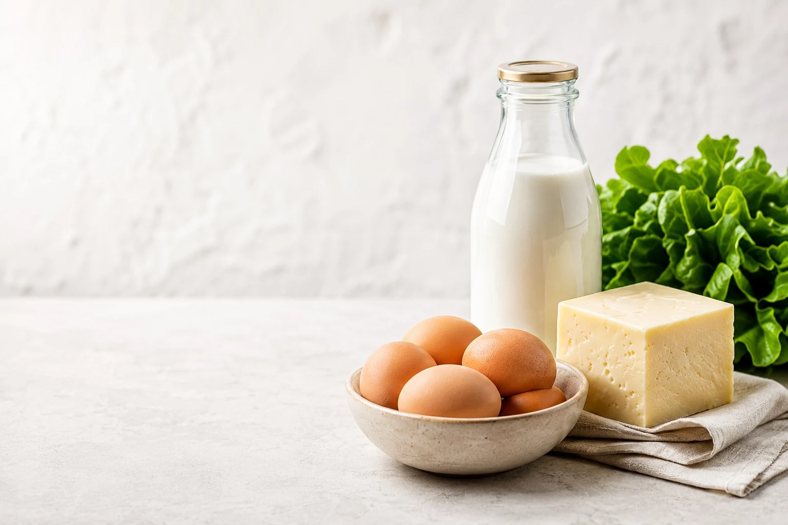 Milk, eggs, cheese and fresh greens