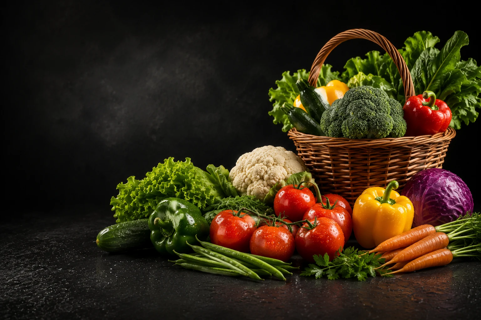 Basket of fresh vegetables and produce