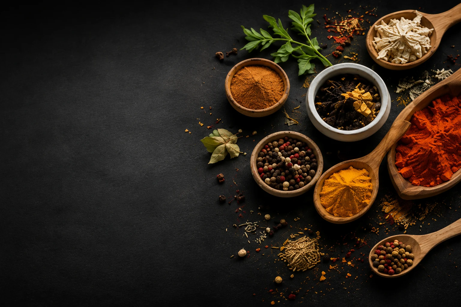 Premium spices and condiments on a dark background